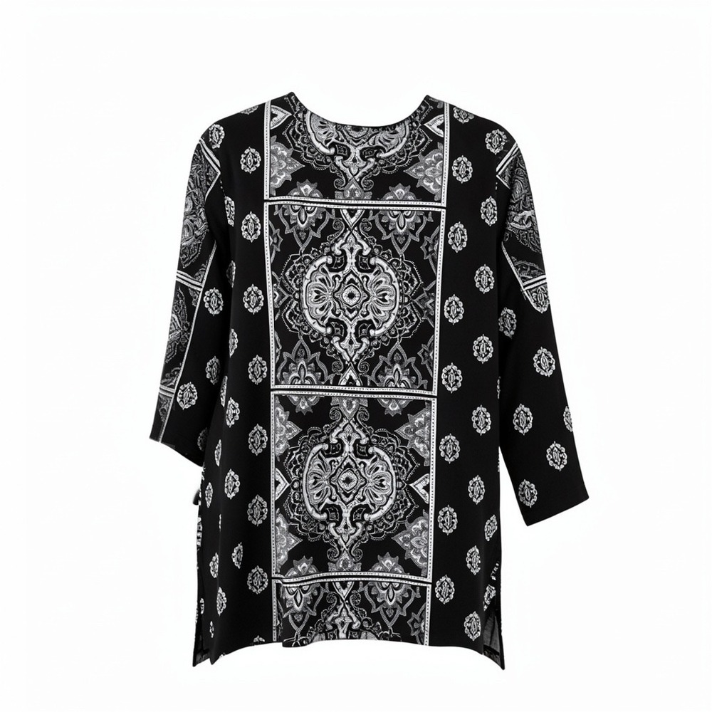 Susan Graver XL Black White Medallion Paisley Print 3/4 Sleeve Tunic Top EUC